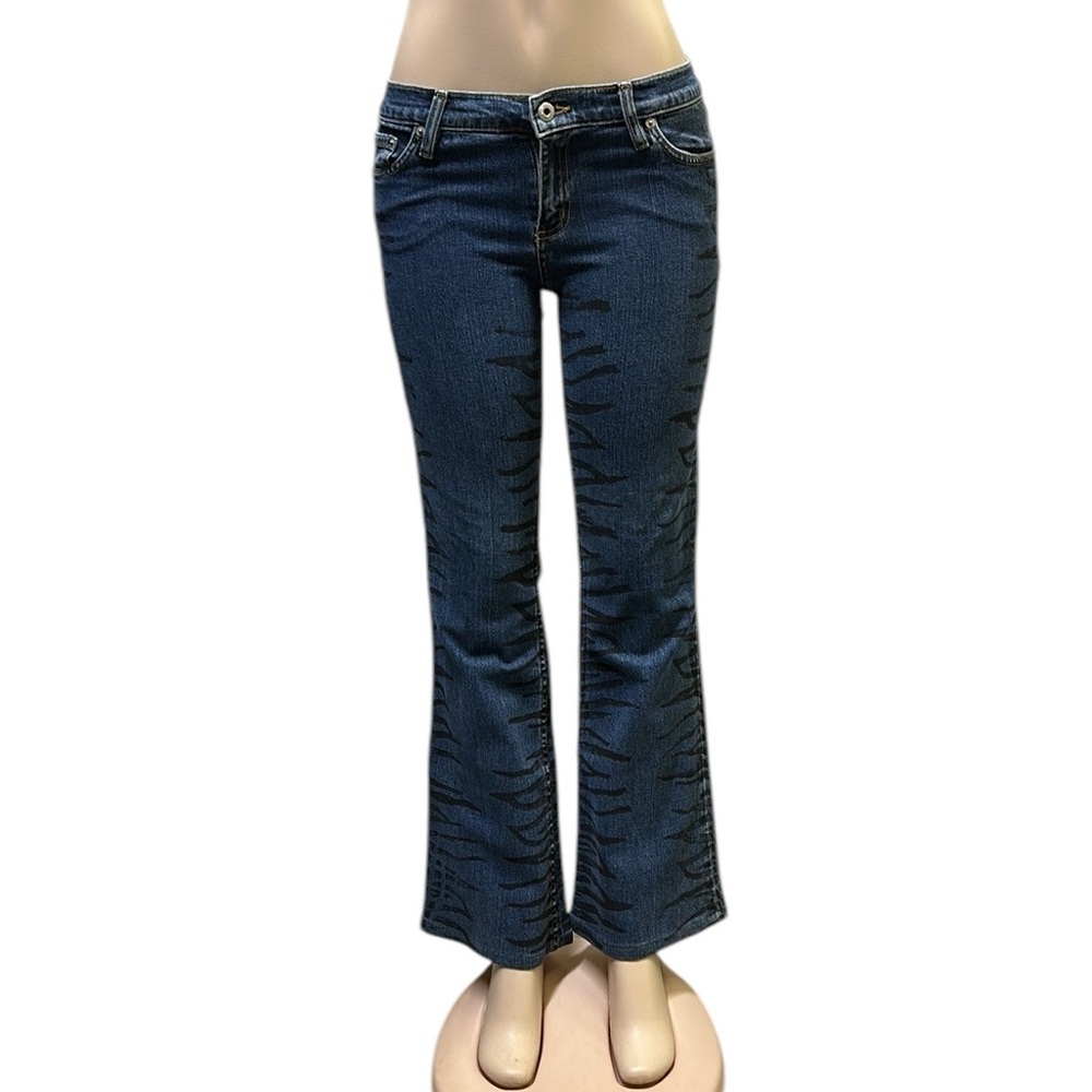 Allen B Schwartz Flare Denim Mid Rise Black Animal Print Blue Jeans Womens 28